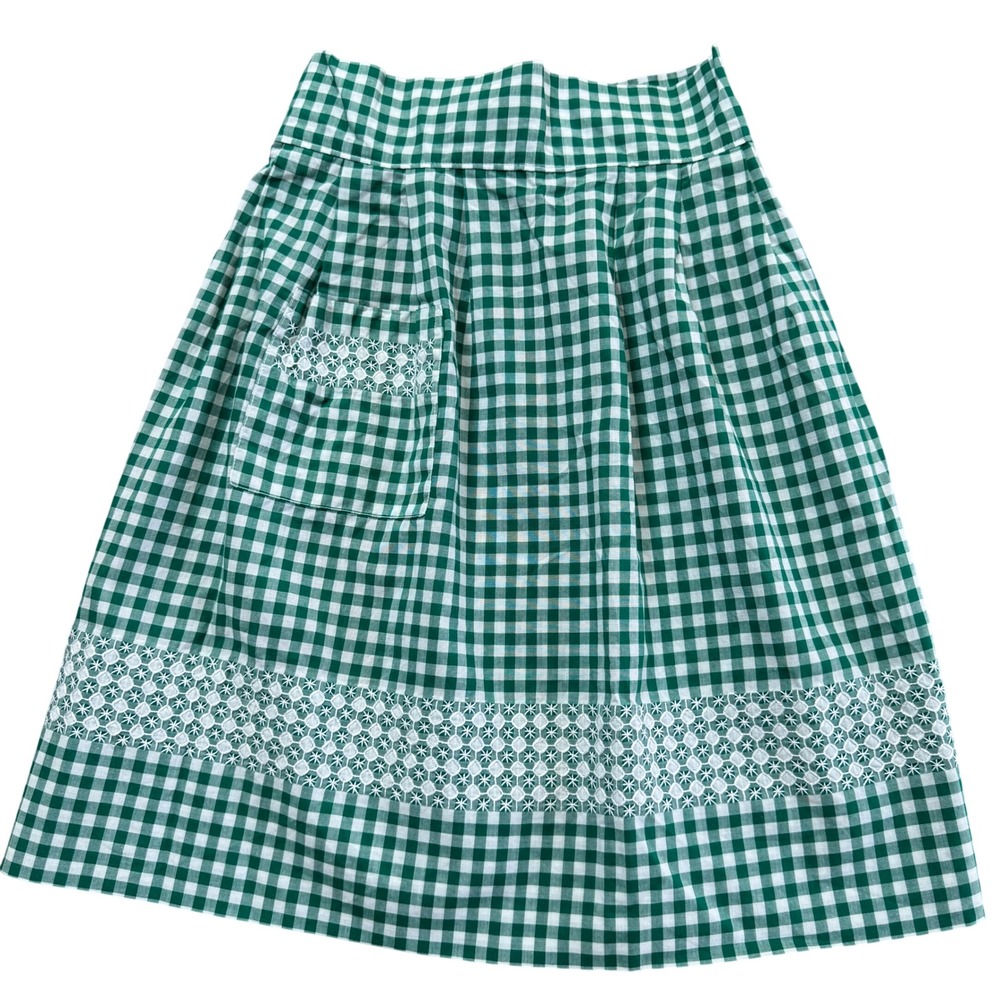 VNTG Green White Gingham Check Apron Shabby Chic Cottagecore Hostess Lace Trim